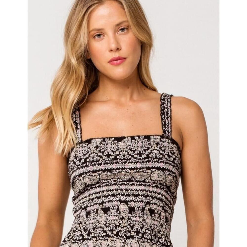 Patrons of Peace Smocked Black Floral Crop Top Boho Coquette Festival M Indie - Picture 4 of 8